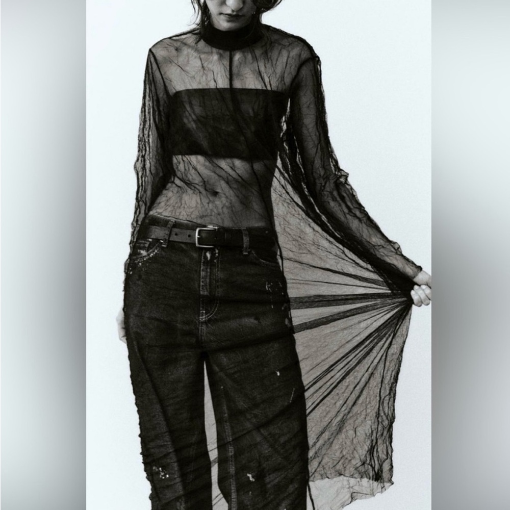 Zara Wrinkled Tulle Midi Black Sheer Dress XS